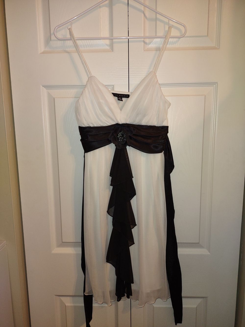 City Studio White Midi Dress with Black Sash and Ruffle
